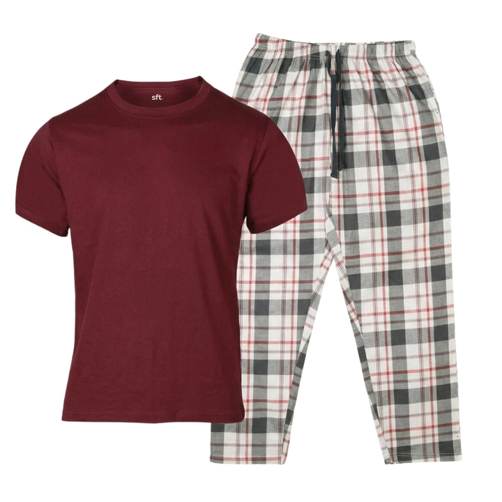 Burgundy White Check PS - hand in pocket