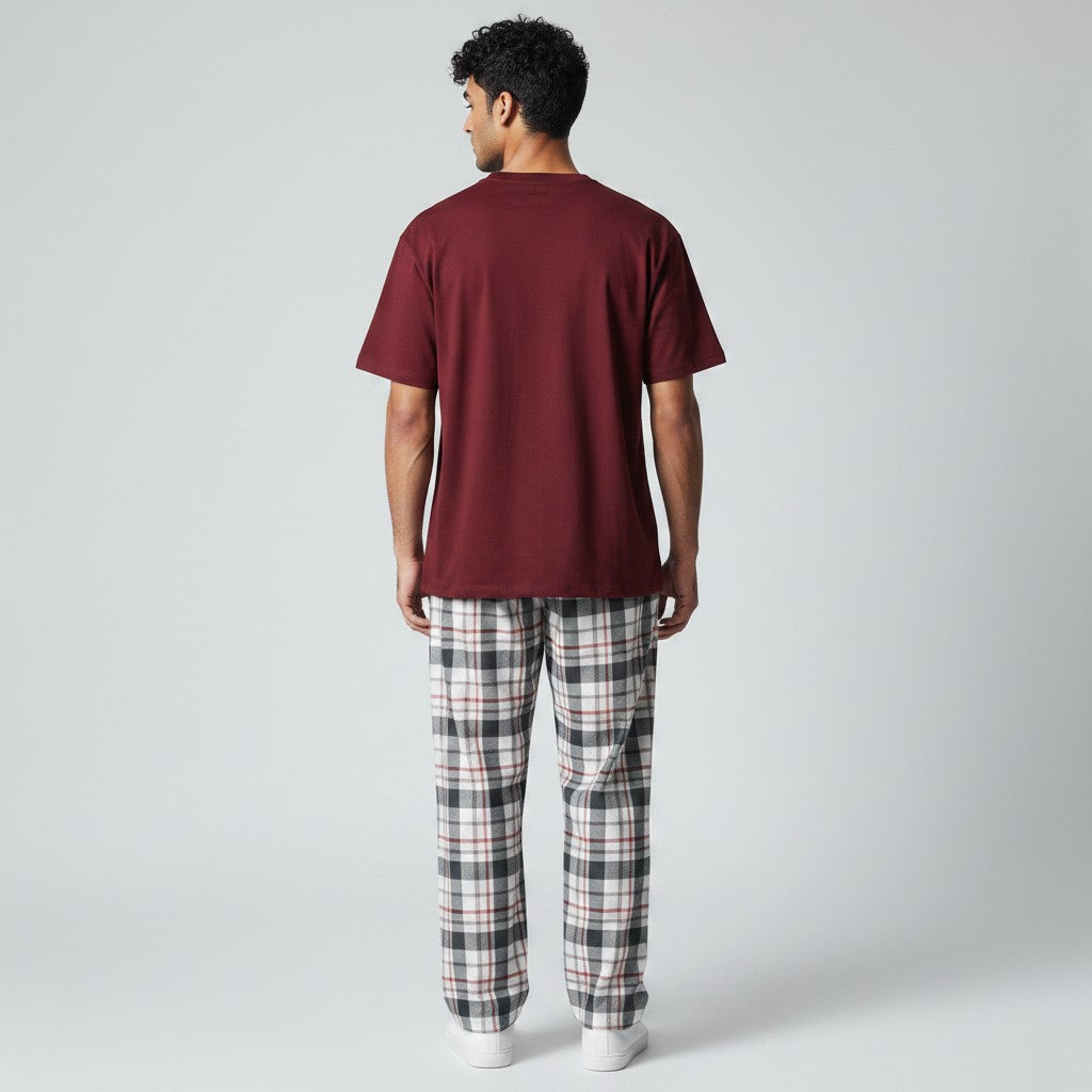 Burgundy White Check PS - hand in pocket