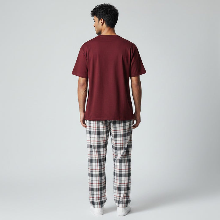 Burgundy White Check PS - hand in pocket