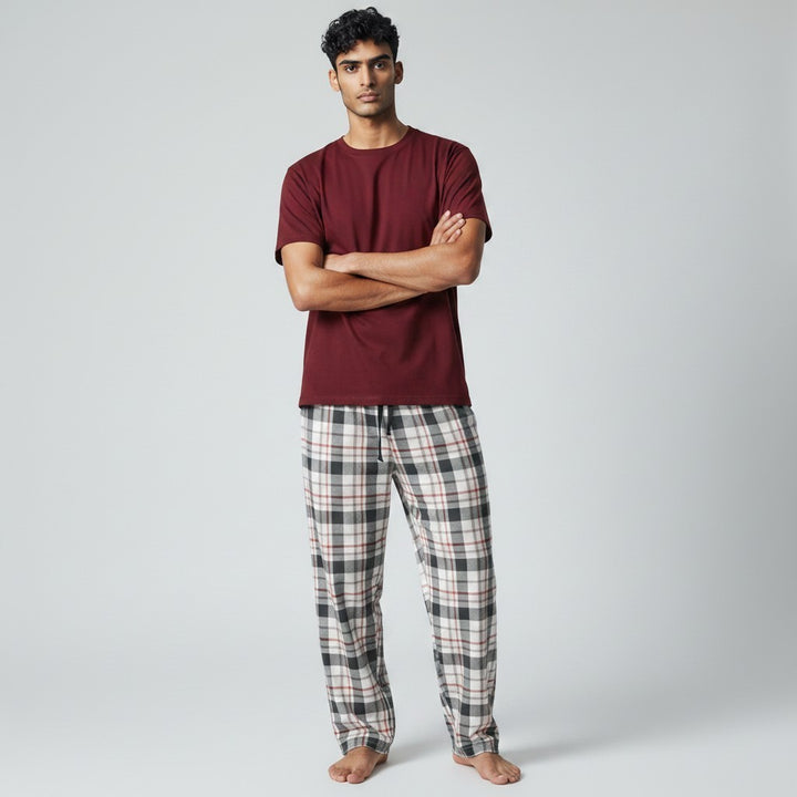 Burgundy White Check PS - hand in pocket