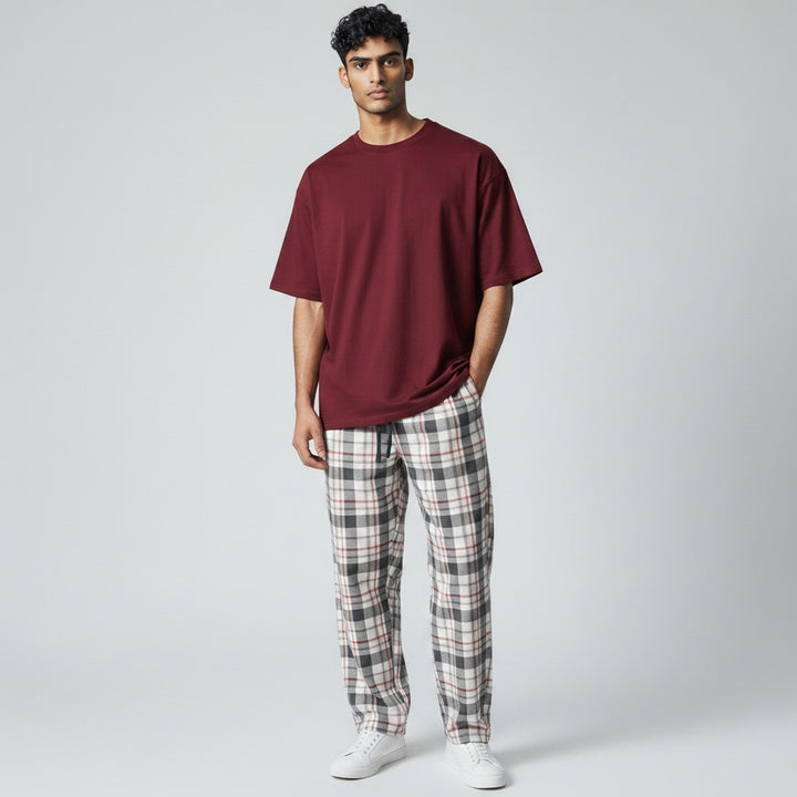 Burgundy White Check PS - hand in pocket