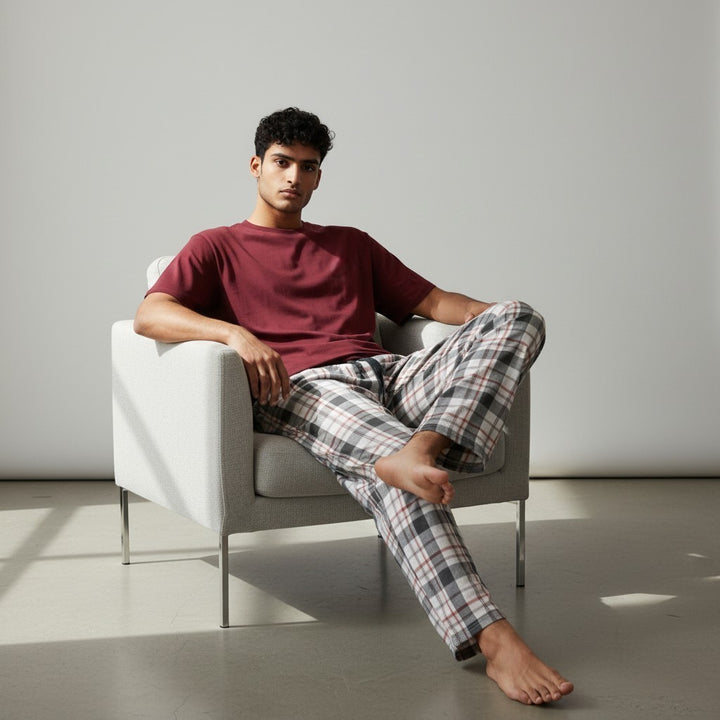 Burgundy White Check PS - hand in pocket